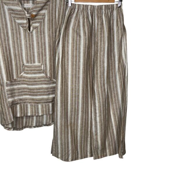 Bodil 100% Linen Pullover Tunic and Pull On Pants Set Brown White Size XS - Picture 4 of 7